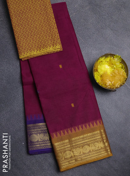 Chettinad cotton saree dark magenta and mustard yellow with thread woven buttas and ganga jamuna border