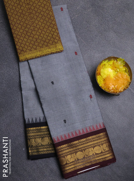 Chettinad cotton saree grey and coffee brown with thread woven buttas and ganga jamuna border