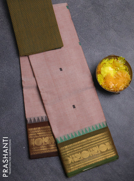 Chettinad cotton saree sandal and mehendi green with thread woven buttas and ganga jamuna border