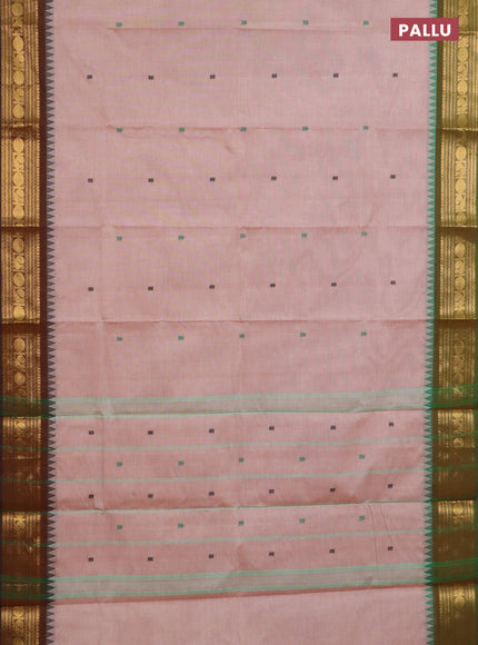 Chettinad cotton saree sandal and mehendi green with thread woven buttas and ganga jamuna border