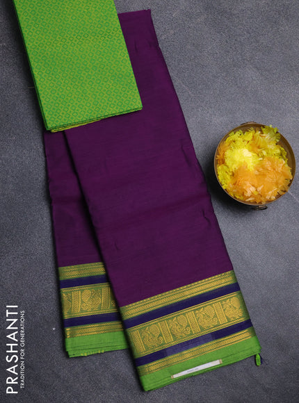 Chettinad cotton saree purple and light green with plain body and zari woven border