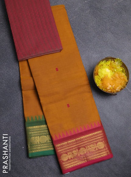 Chettinad cotton saree dark mustard and pink with thread woven buttas and ganga jamuna border