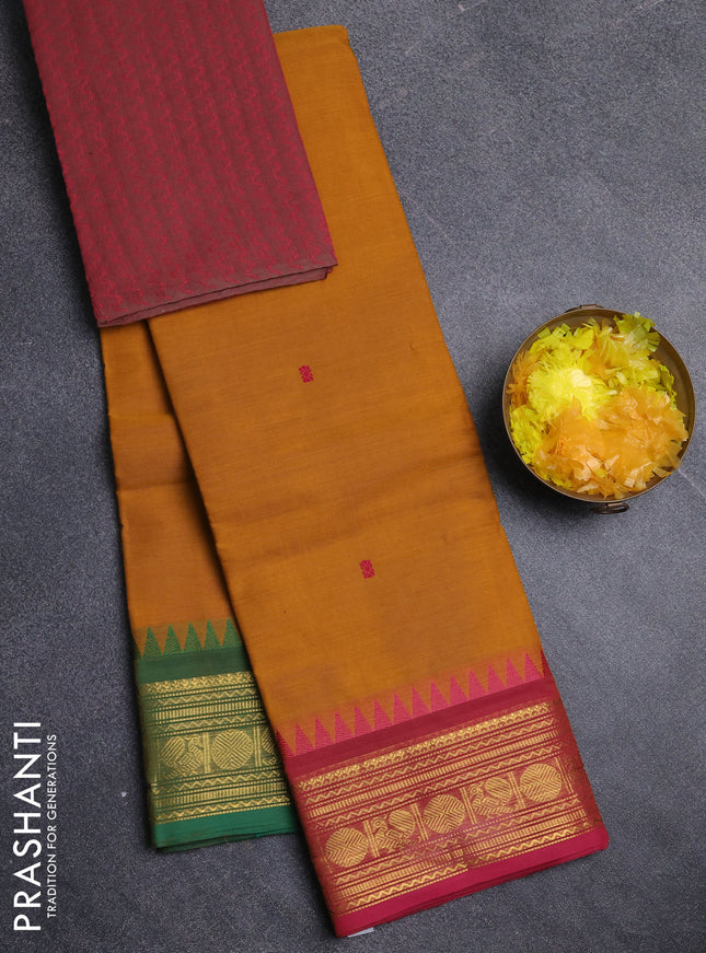 Chettinad cotton saree dark mustard and pink with thread woven buttas and ganga jamuna border