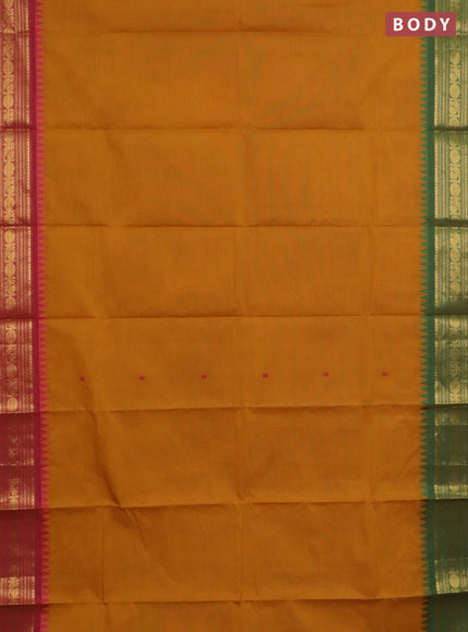 Chettinad cotton saree dark mustard and pink with thread woven buttas and ganga jamuna border