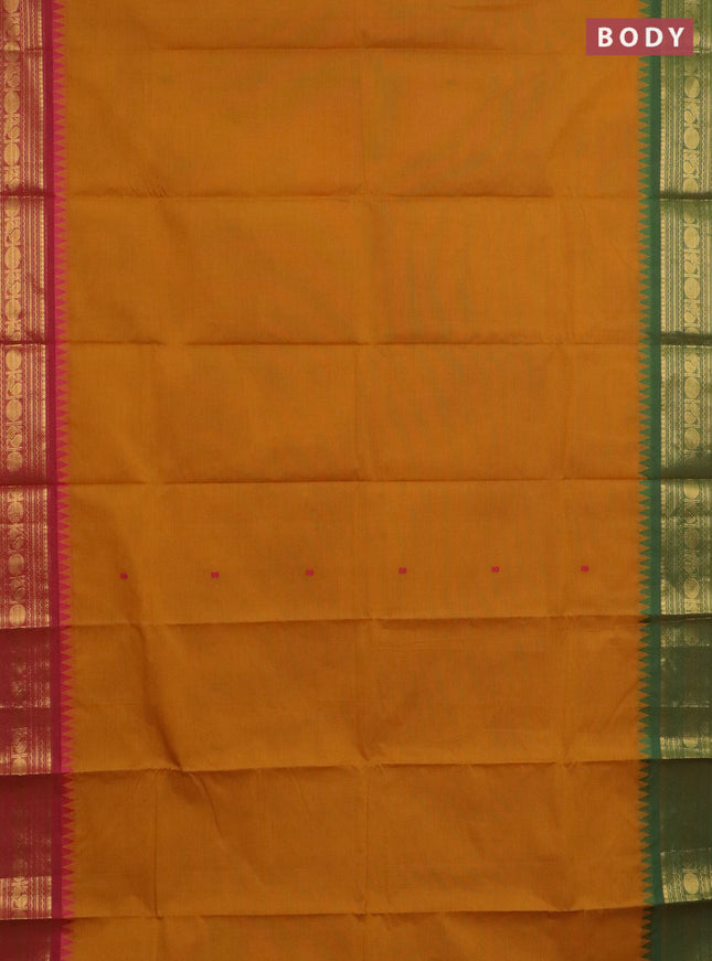 Chettinad cotton saree dark mustard and pink with thread woven buttas and ganga jamuna border