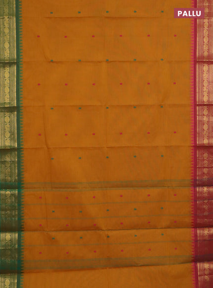 Chettinad cotton saree dark mustard and pink with thread woven buttas and ganga jamuna border