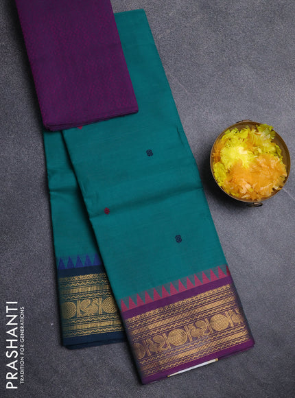 Chettinad cotton saree teal green and purple with thread woven buttas and ganga jamuna border