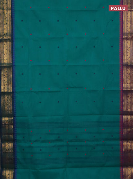 Chettinad cotton saree teal green and purple with thread woven buttas and ganga jamuna border