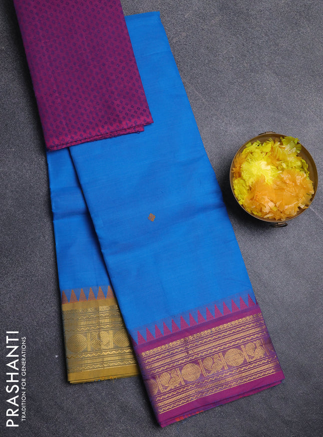 Chettinad cotton saree cs blue and pink with thread woven buttas and ganga jamuna border