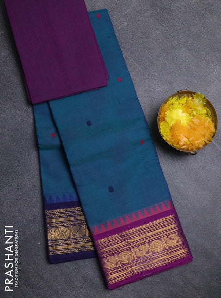Chettinad cotton saree peacock blue and purple with thread woven buttas and zari woven border