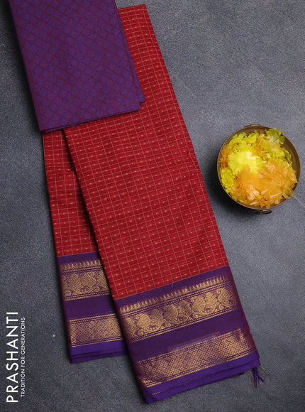 Chettinad cotton saree red and purple with allover thread checks & buttas and rettapet zari woven border