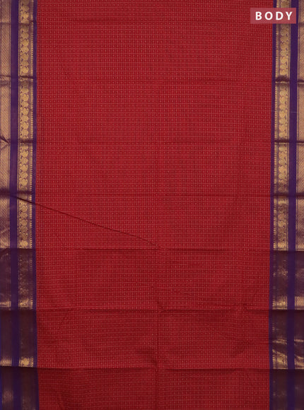 Chettinad cotton saree red and purple with allover thread checks & buttas and rettapet zari woven border