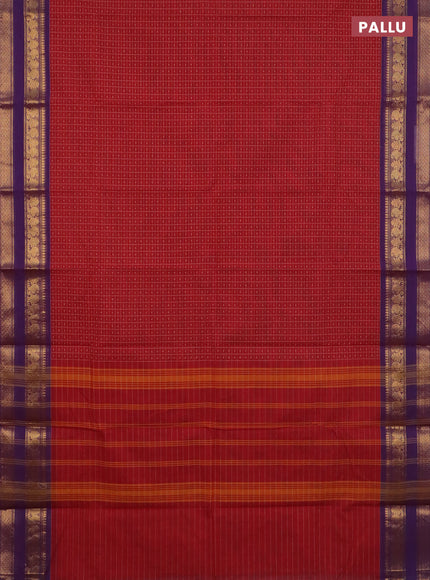 Chettinad cotton saree red and purple with allover thread checks & buttas and rettapet zari woven border