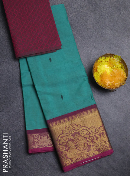 Chettinad cotton saree teal green and purple with thread woven buttas and zari woven border