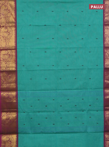 Chettinad cotton saree teal green and purple with thread woven buttas and zari woven border