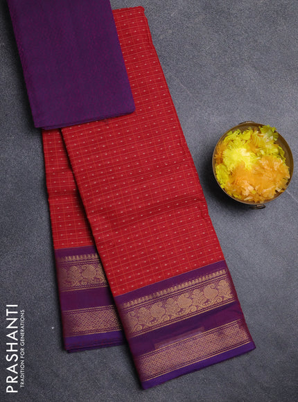 Chettinad cotton saree red and purple with allover thread checks & buttas and rettapet zari woven border