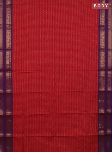 Chettinad cotton saree red and purple with allover thread checks & buttas and rettapet zari woven border