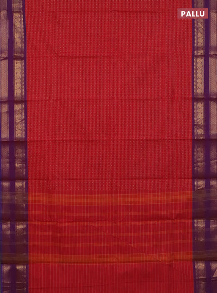 Chettinad cotton saree red and purple with allover thread checks & buttas and rettapet zari woven border