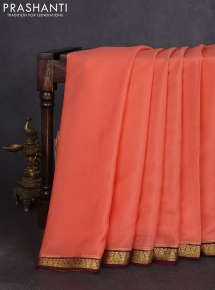Pure mysore silk saree peach orange and wine shade with plain body and zari woven border
