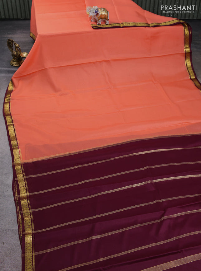Pure mysore silk saree peach orange and wine shade with plain body and zari woven border