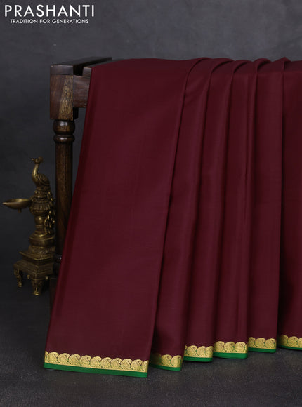 Pure mysore silk saree deep maroon and green with plain body and zari woven border