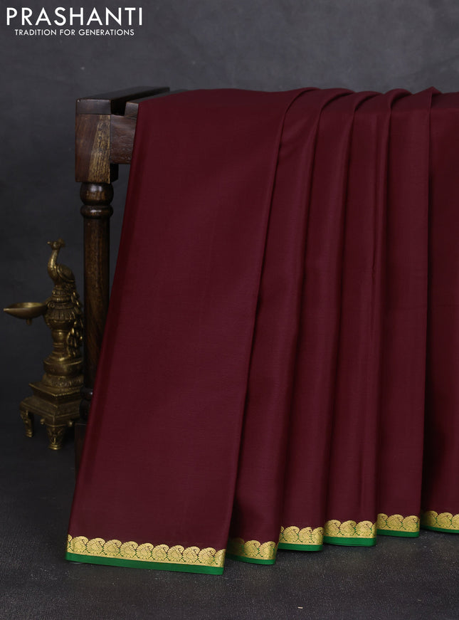 Pure mysore silk saree deep maroon and green with plain body and zari woven border