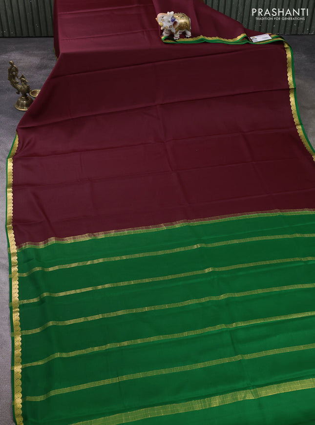 Pure mysore silk saree deep maroon and green with plain body and zari woven border