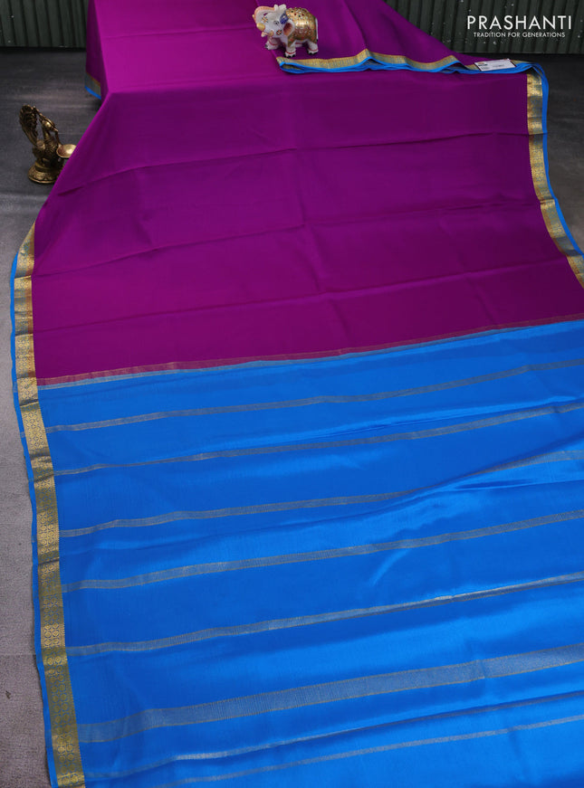 Pure mysore silk saree purple and cs blue with plain body and zari woven border