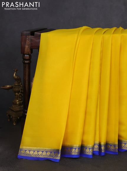 Pure mysore silk saree yellow and royal blue with plain body and zari woven border