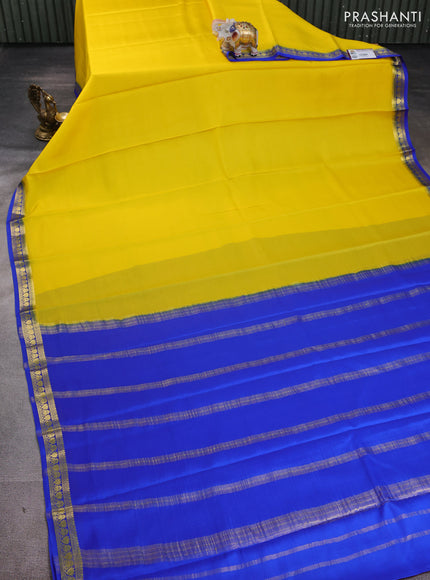 Pure mysore silk saree yellow and royal blue with plain body and zari woven border