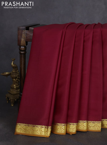 Pure mysore silk saree maroon and dark mustard with plain body and zari woven border