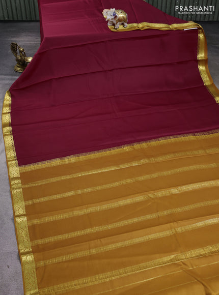 Pure mysore silk saree maroon and dark mustard with plain body and zari woven border