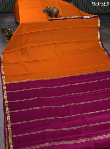 Pure mysore silk saree orange and pink with plain body and zari woven border
