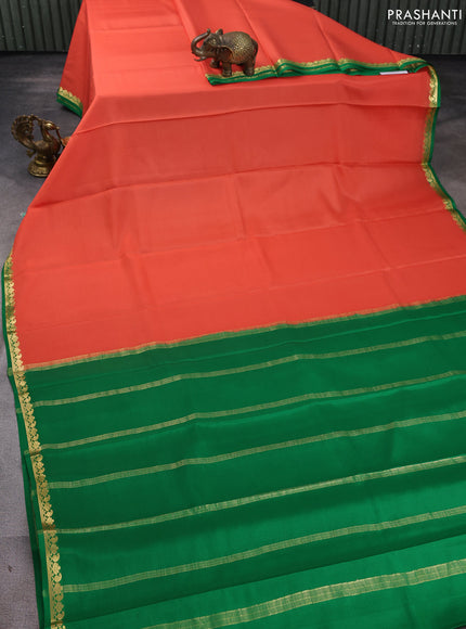 Pure mysore silk saree peach shade and green with plain body and zari woven border