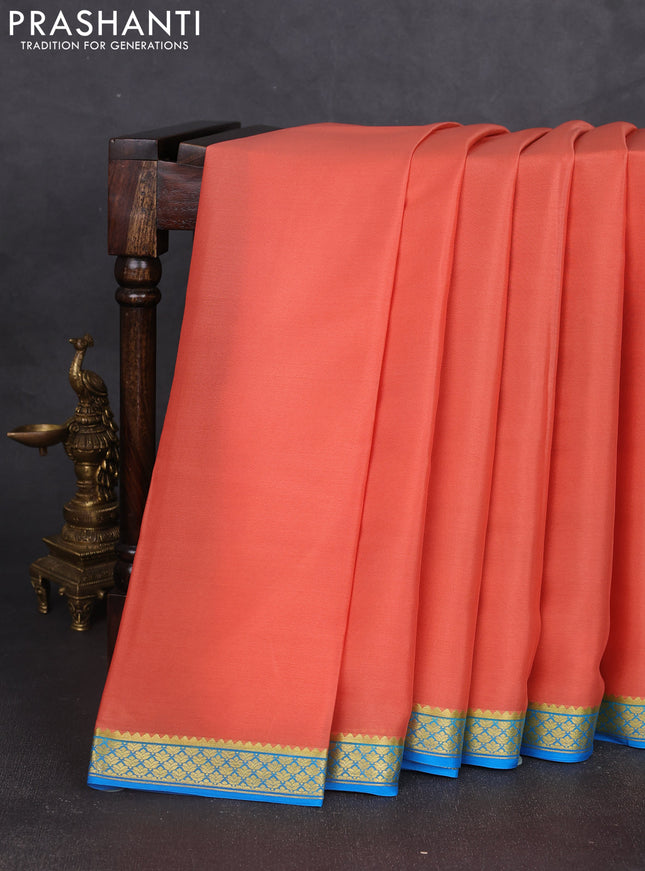 Pure mysore silk saree peach shade and cs blue with plain body and zari woven border