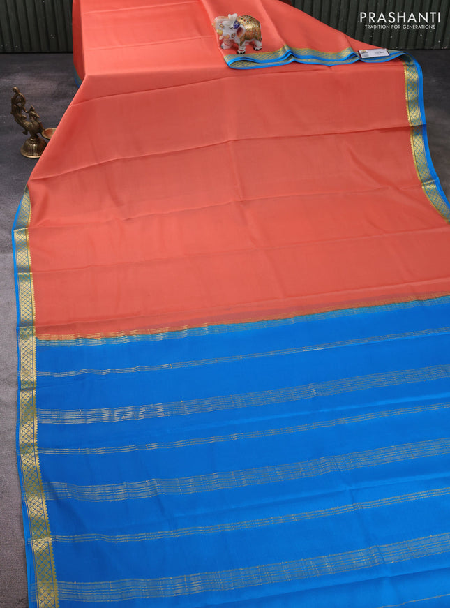 Pure mysore silk saree peach shade and cs blue with plain body and zari woven border