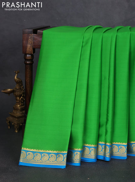 Pure mysore silk saree parrot green and cs blue with plain body and zari woven border