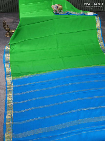 Pure mysore silk saree parrot green and cs blue with plain body and zari woven border