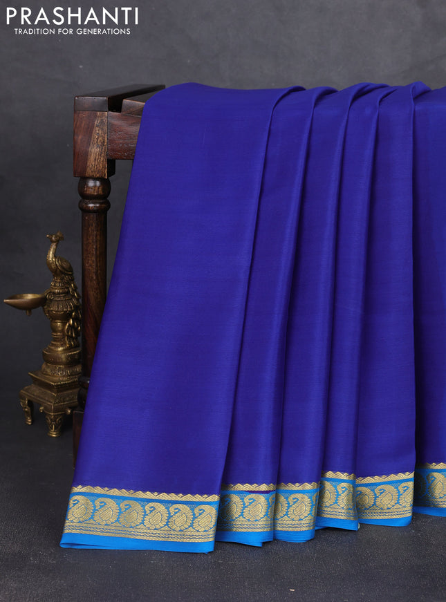 Pure mysore silk saree blue and cs blue with plain body and zari woven border