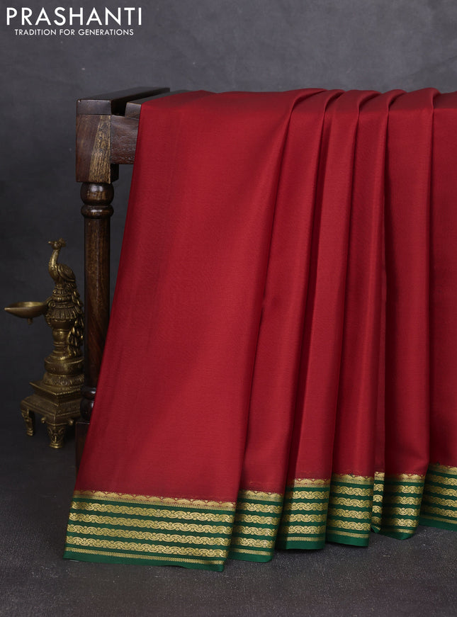 Pure mysore silk saree red and green with plain body and zari woven border