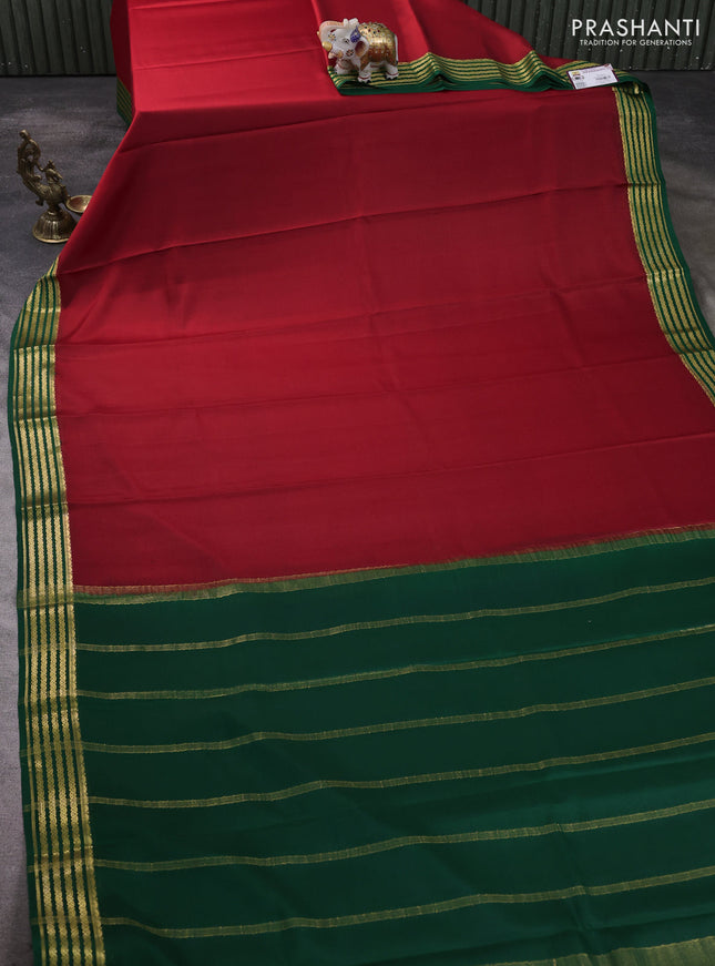 Pure mysore silk saree red and green with plain body and zari woven border