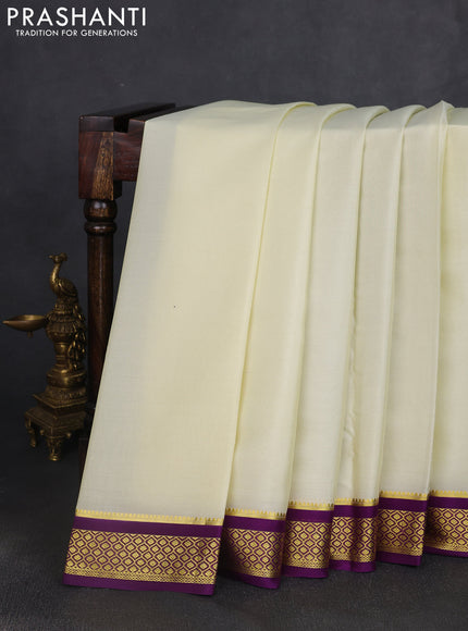 Pure mysore silk saree cream and purple with plain body and zari woven border