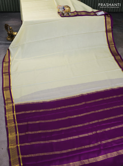 Pure mysore silk saree cream and purple with plain body and zari woven border