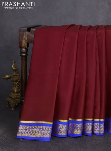 Pure mysore silk saree maroon and royal blue with plain body and zari woven border