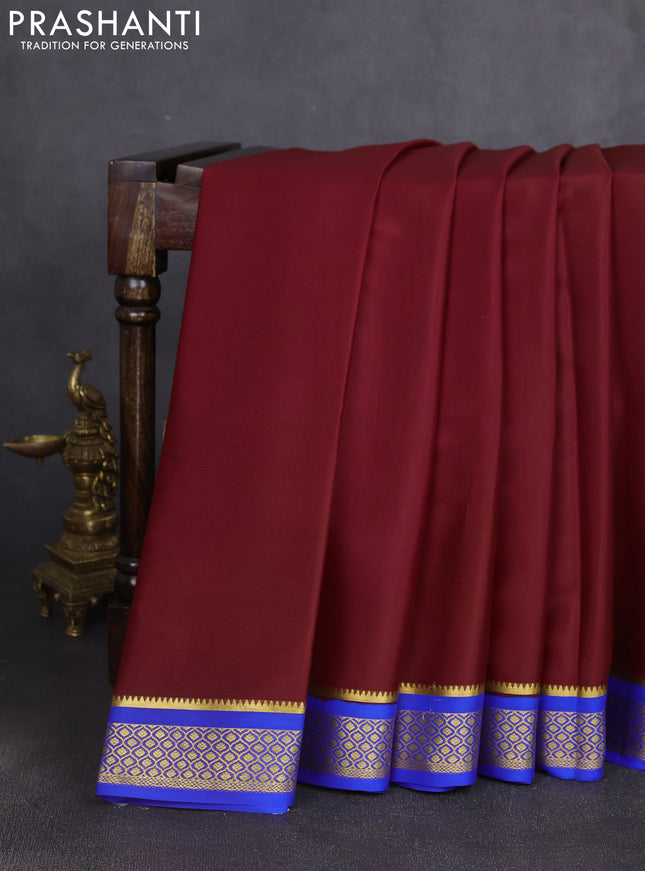 Pure mysore silk saree maroon and royal blue with plain body and zari woven border