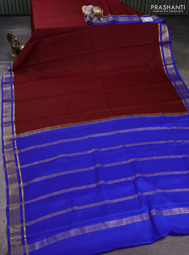 Pure mysore silk saree maroon and royal blue with plain body and zari woven border