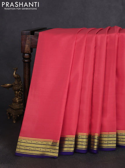 Pure mysore silk saree dark peach and blue with plain body and zari woven border