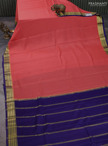 Pure mysore silk saree dark peach and blue with plain body and zari woven border