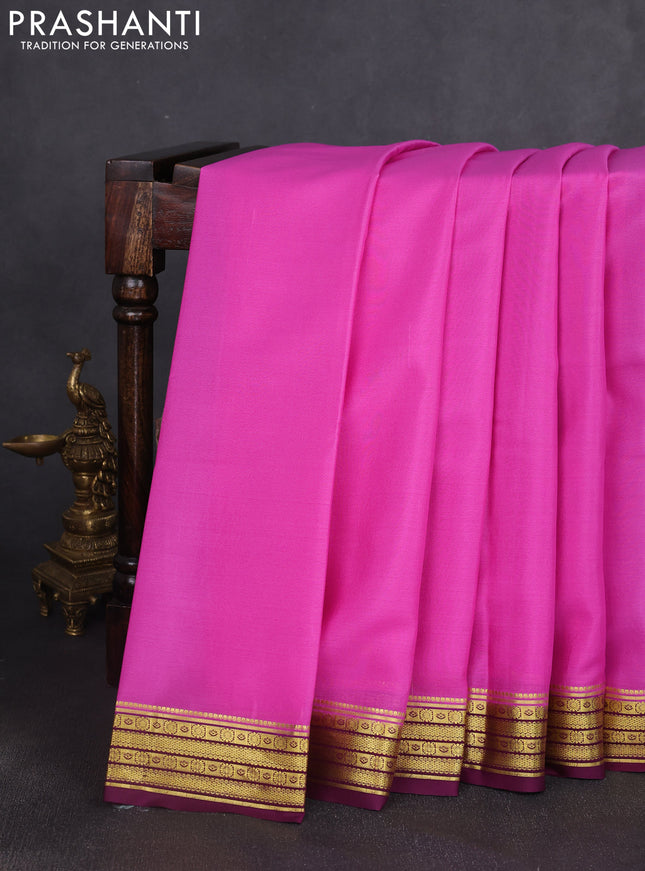 Pure mysore silk saree pink and purple with plain body and zari woven border