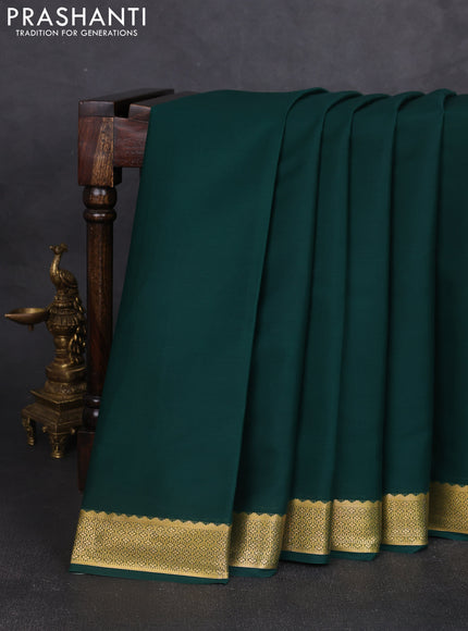 Pure mysore silk saree bottle green with plain body and zari woven border